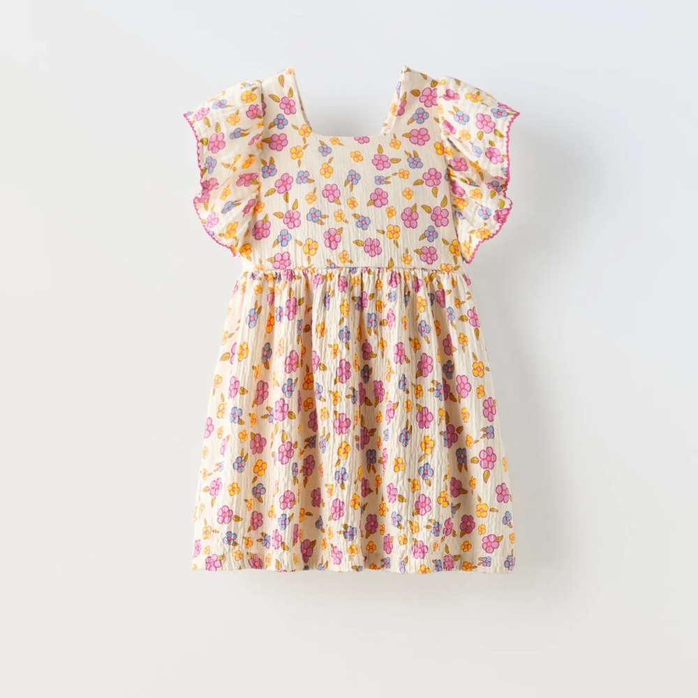 Zara Kids Dress with Floral Print and Ruffled Sleeves